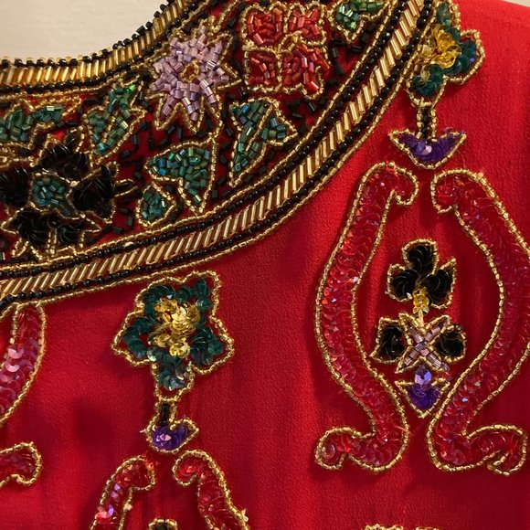 RARE! Exquisite Heavily Beaded Red SILK Dress Jacket, Niteline - Picture 9 of 10